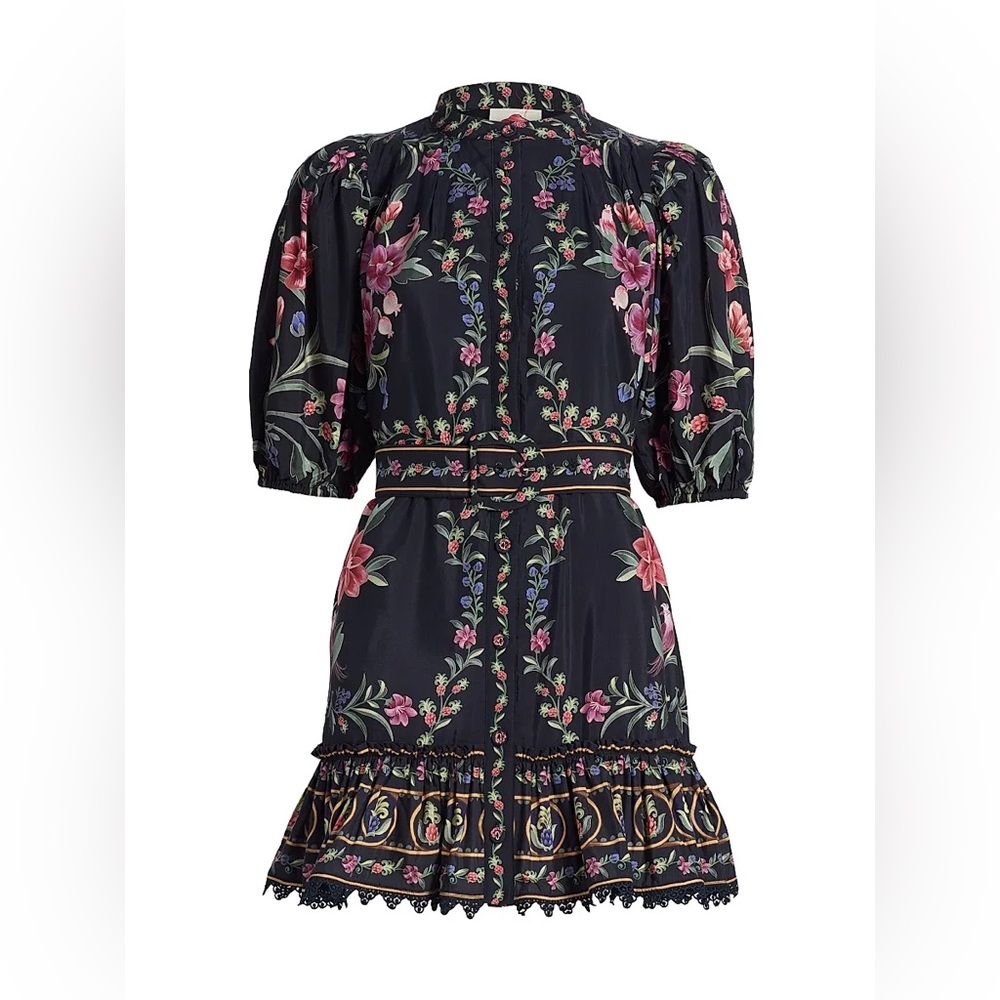 FARM Rio Black Floral Puff-Sleeve Mini Dress with Pink Blooms
